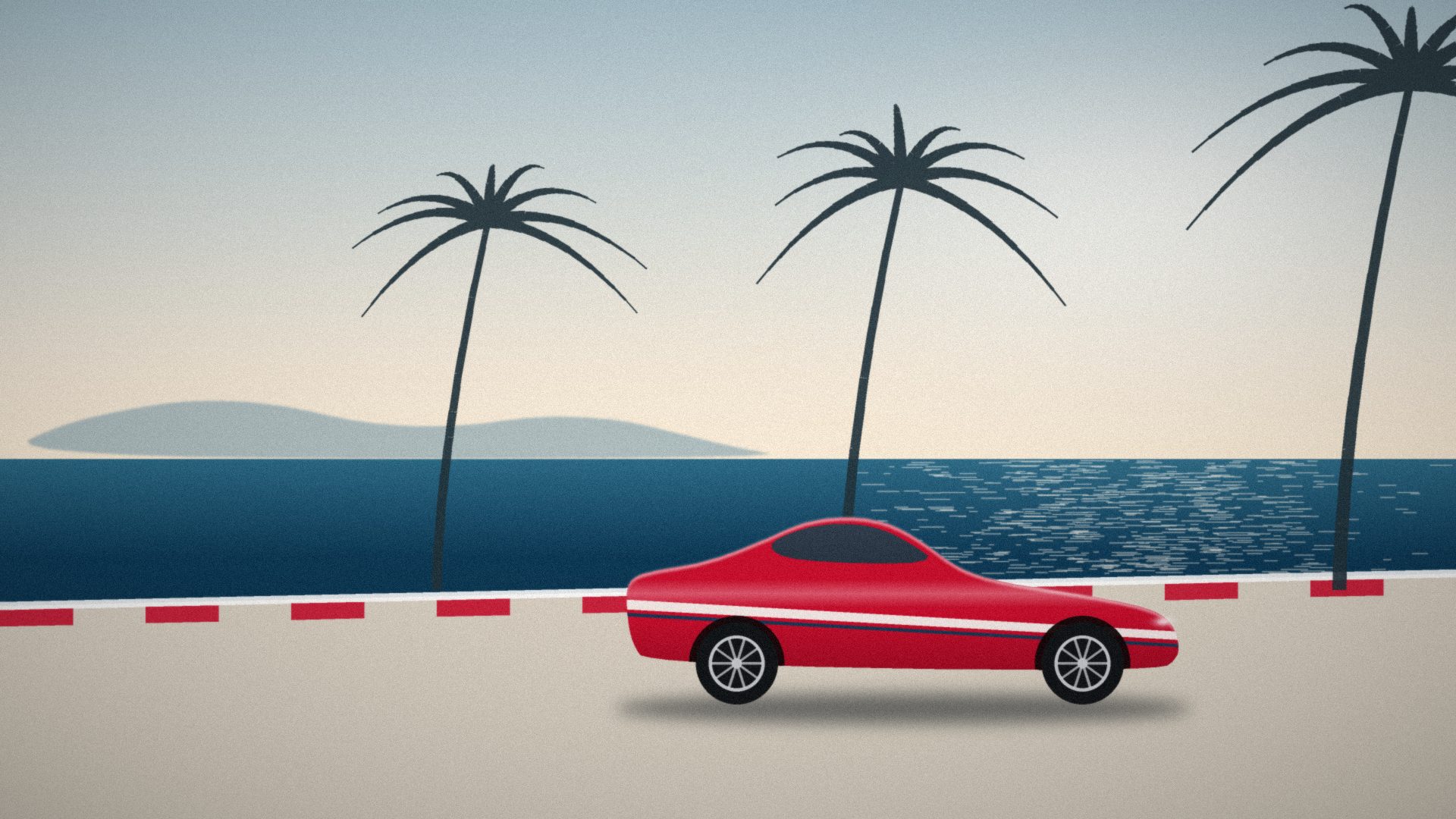 Coupé sportif rouge à bande crème et bleue, garé sur une promenade bordée de palmiers face à la mer